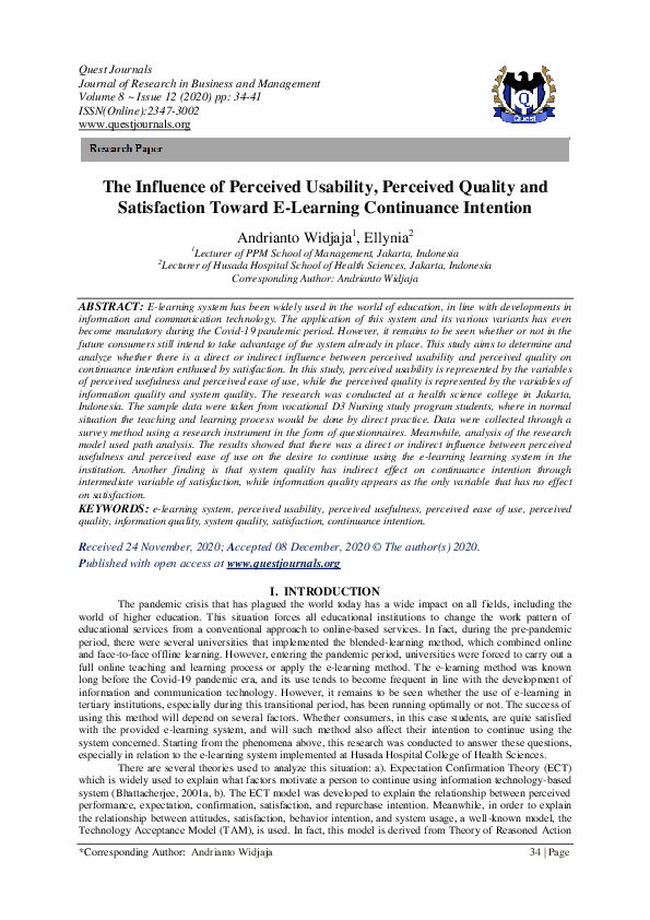 (PDF) The Influence of Perceived Usability, Perceived Quality and ...