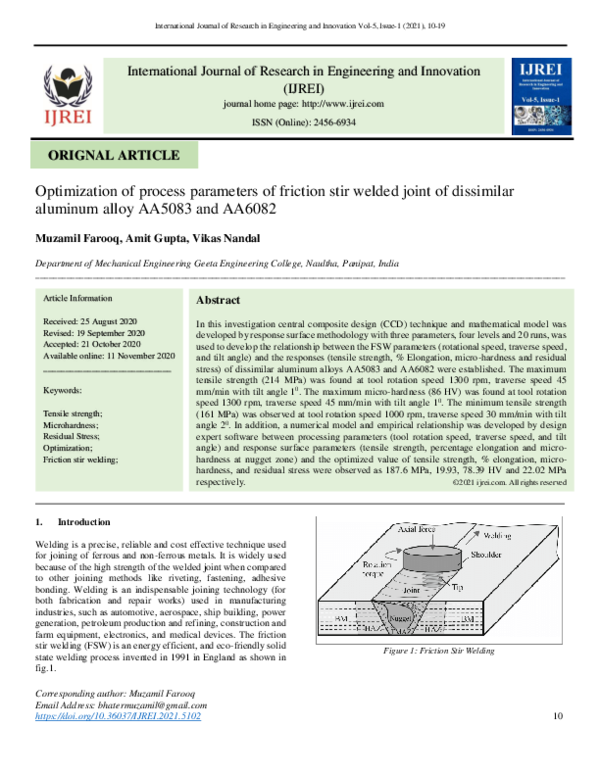 (PDF) Optimization of process parameters of friction stir welded joint ...
