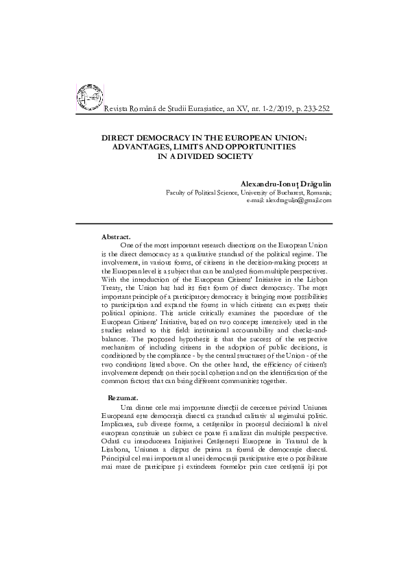(PDF) DIRECT DEMOCRACY IN THE EUROPEAN UNION: ADVANTAGES, LIMITS AND ...
