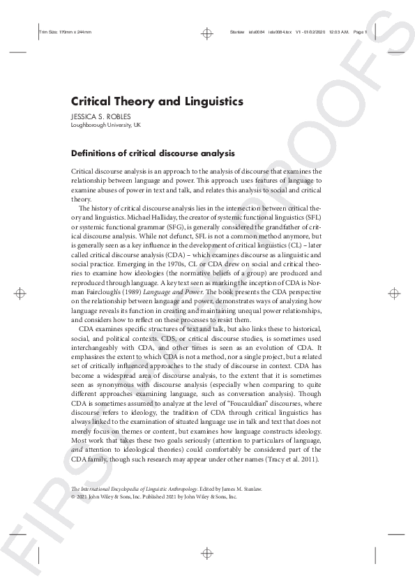 (PDF) Critical Theory and Linguistics Definitions of critical discourse ...