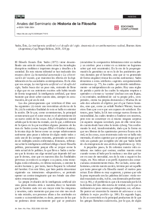 (PDF) Sadin, Éric, La inteligencia artificial o el desafío del siglo ...