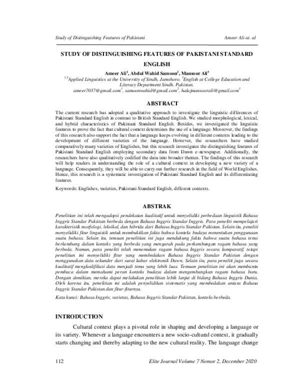 (PDF) STUDY OF DISTINGUISHING FEATURES OF PAKISTANI STANDARD ENGLISH