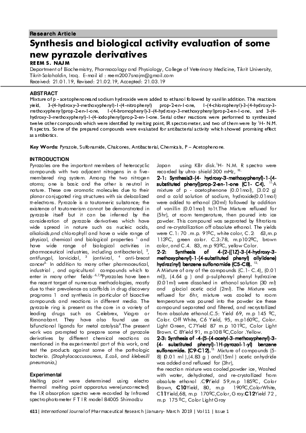 (PDF) Synthesis and biological activity evaluation of some new pyrazole ...
