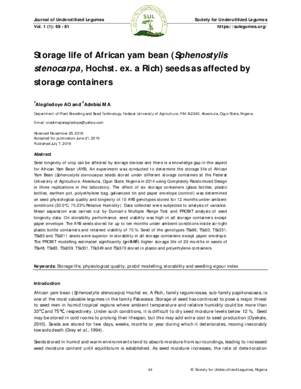 (PDF) Storage life of African yam bean (Sphenostylis stenocarpa, Hochst ...