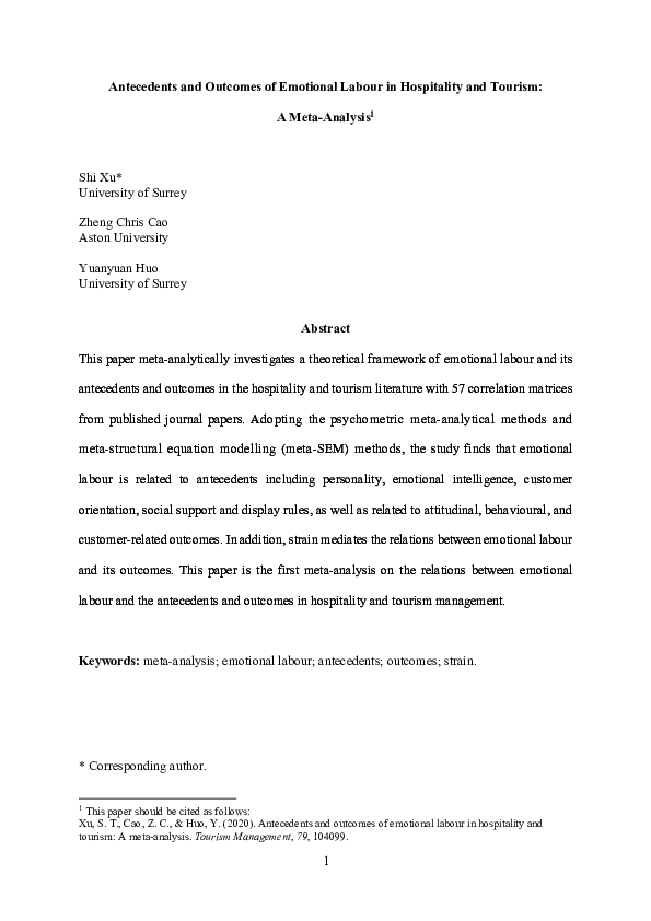 (PDF) Antecedents and Outcomes of Emotional Labour in Hospitality and ...