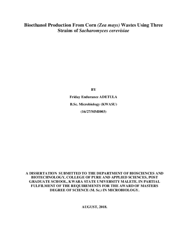 (PDF) Bioethanol Production From Corn (Zea mays) Wastes Using Three ...