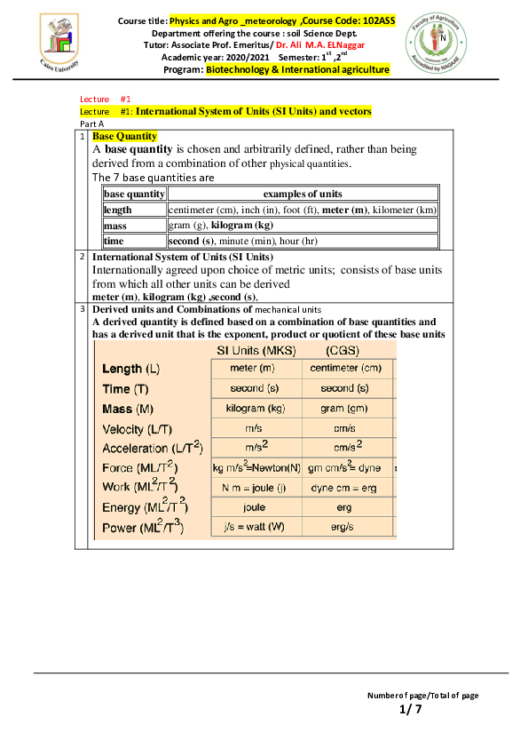 (PDF) International System of Units (SI Units) and vectors Part A 1 ...
