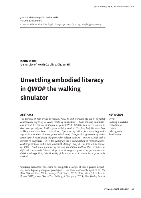 (PDF) Unsettling Embodied Literacy in QWOP the Walking Simulator