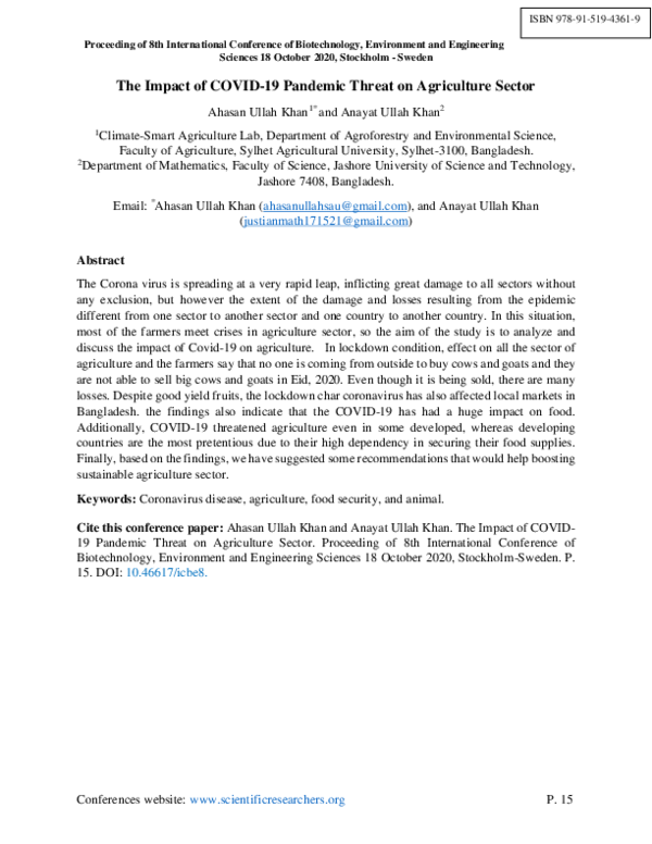 (PDF) The Impact of COVID-19 Pandemic Threat on Agriculture Sector