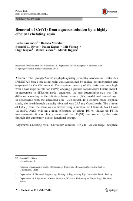 (PDF) Removal of Cr(VI) from aqueous solution by a highly efficient ...