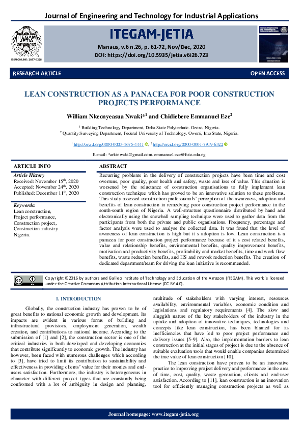 (PDF) LEAN CONSTRUCTION AS A PANACEA FOR POOR CONSTRUCTION PROJECTS ...