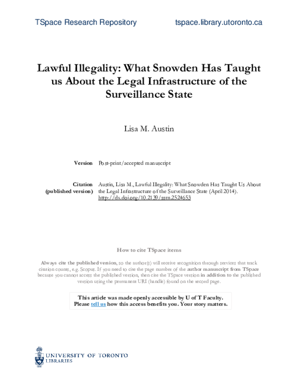Pdf Lawful Illegality What Snowden Has Taught Us About The Legal Infrastructure Of The Surveillance State Lisa Austin Academia Edu