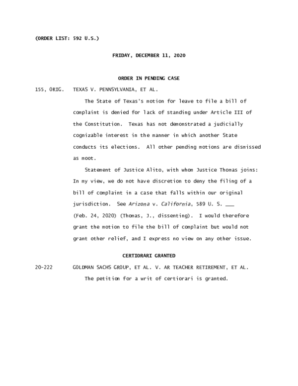 (PDF) US Supreme Court - Texas v. Pennsylvania, et al. - Order refusing ...