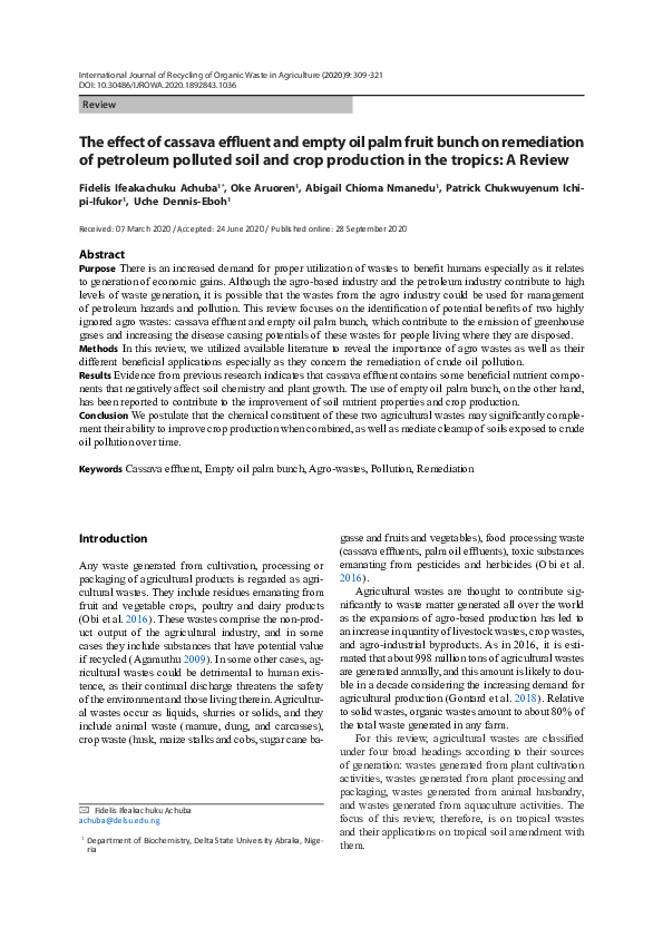 (PDF) The effect of cassava effluent and empty oil palm fruit bunch on ...