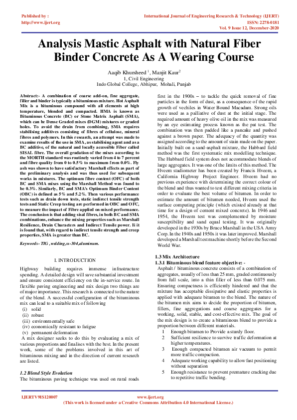 (PDF) IJERTAnalysis Mastic Asphalt with Natural Fiber Binder Concrete As A Wearing Course