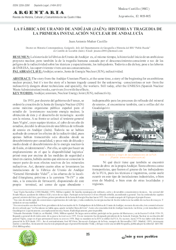 (PDF) LA FÁBRICA DE URANIO DE ANDÚJAR (JAÉN) HISTORIA Y TRAGEDIA DE LA