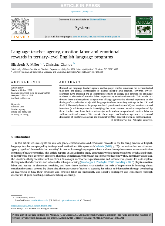 (PDF) Language teacher agency, emotion labor and emotional rewards in ...