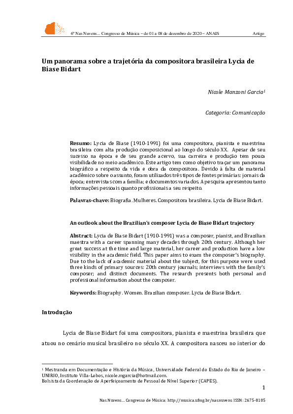 (PDF) Um panorama sobre a trajetória da compositora brasileira Lycia de