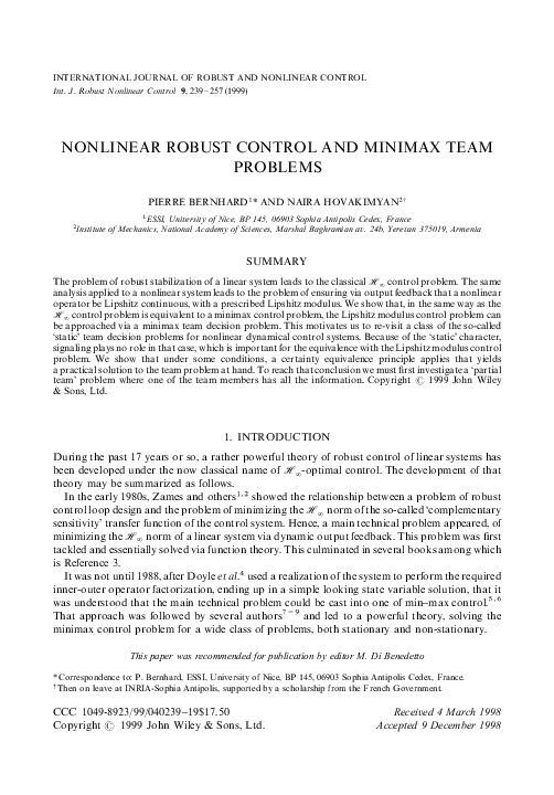 (PDF) Nonlinear robust control and minimax team problems
