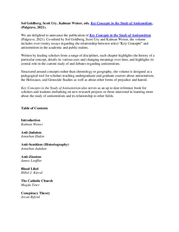 (PDF) Key Concepts in the Study of Antisemitism, eds. Sol Goldberg