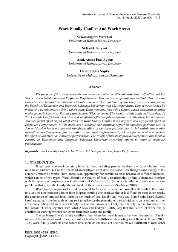 (PDF) Work Family Conflict And Work Stress