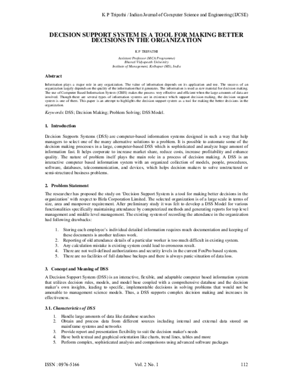 (PDF) DECISION SUPPORT SYSTEM IS A TOOL FOR MAKING BETTER DECISIONS IN ...