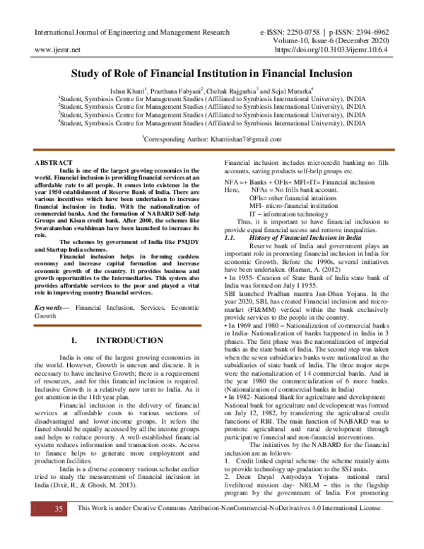 (PDF) Study of Role of Financial Institution in Financial Inclusion