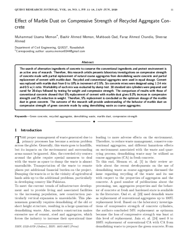 (PDF) Effect of Marble Dust on Compressive Strength of Recycled