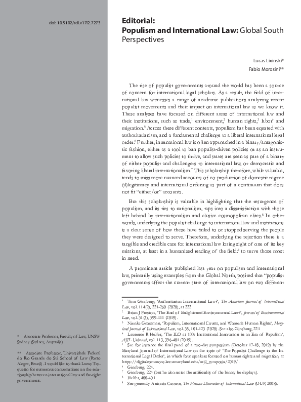 (PDF) Editorial: Populism and International Law - Global South Perspectives