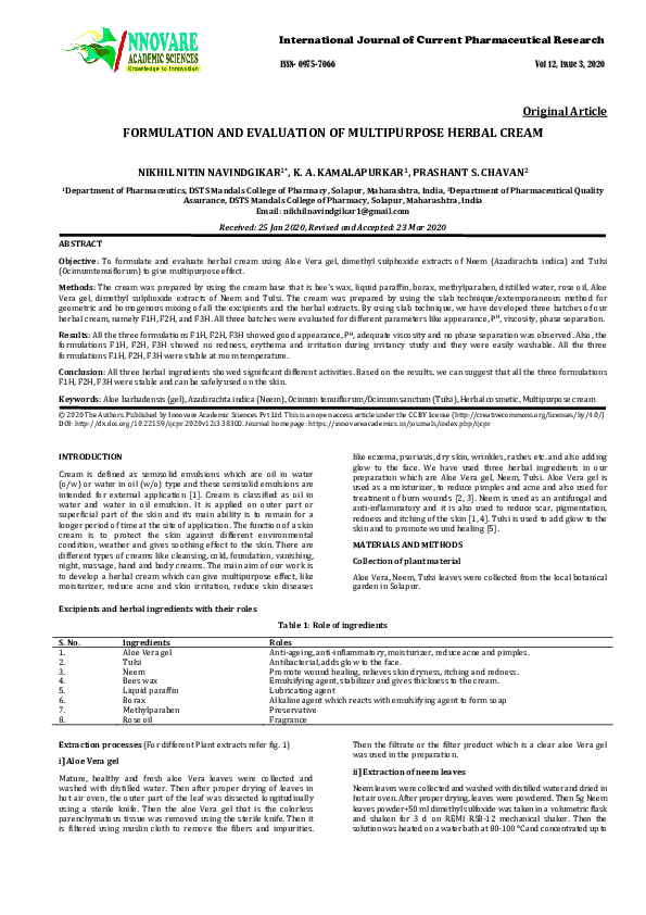 (PDF) FORMULATION AND EVALUATION OF MULTIPURPOSE HERBAL CREAM Original ...
