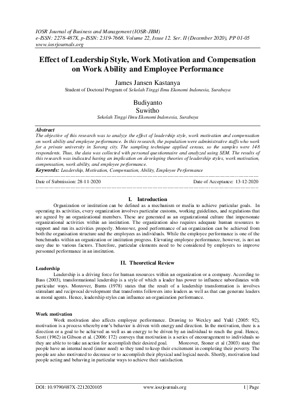 (PDF) Effect of Leadership Style, Work Motivation and Compensation on ...