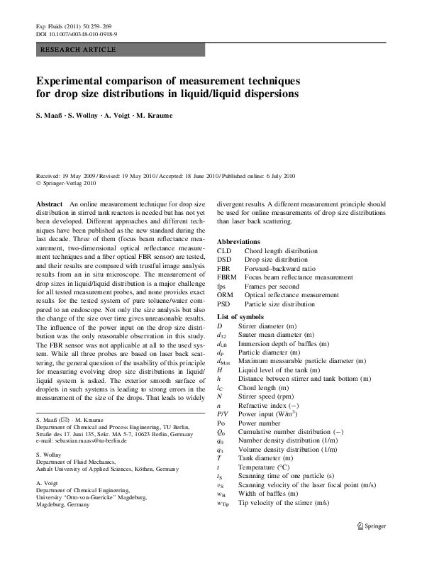 (PDF) Experimental comparison of measurement techniques for drop size ...
