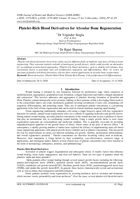 (PDF) Platelet-Rich Blood Derivatives for Alveolar Bone Regeneration