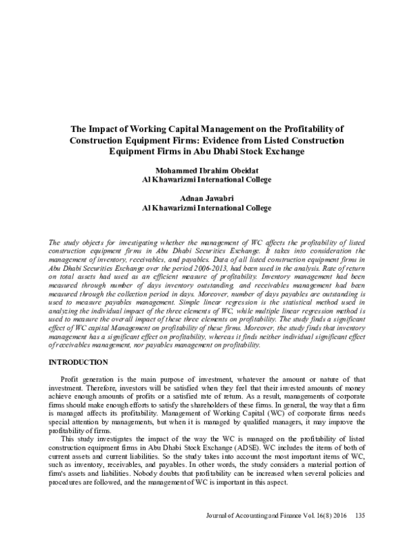 (PDF) The Impact of Working Capital Management on the Profitability of ...