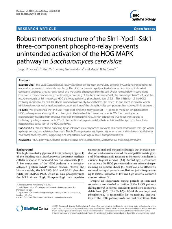 (PDF) Robust network structure of the Sln1-Ypd1-Ssk1 three-component ...