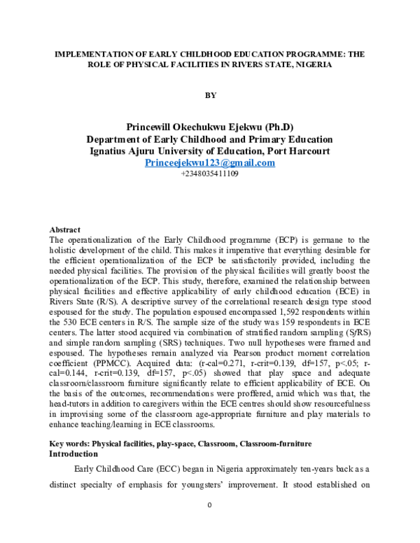 (DOC) IMPLEMENTATION OF EARLY CHILDHOOD EDUCATION PROGRAMME: THE ROLE ...