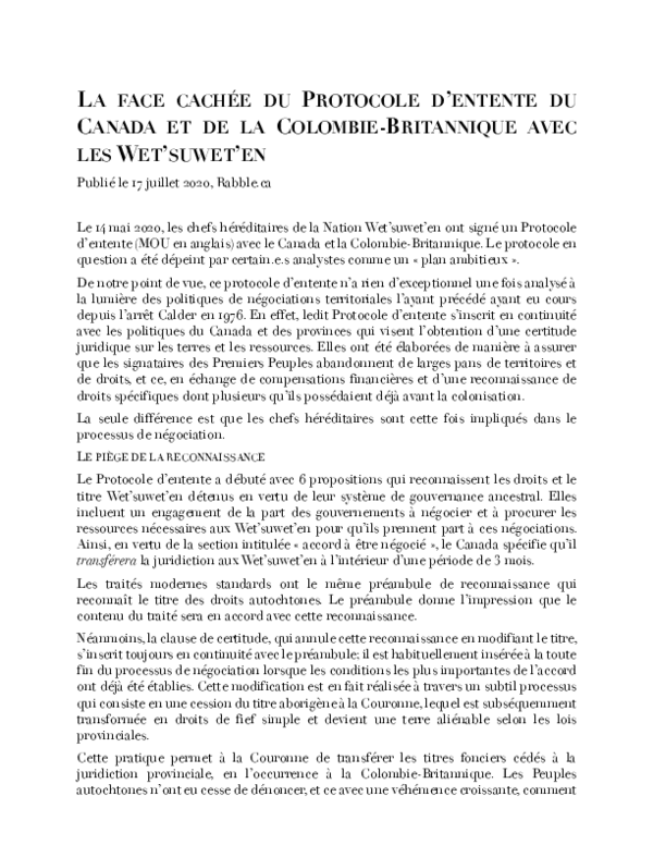 (PDF) La face cachée du protocole d'entente du Canada et de la Colombie ...