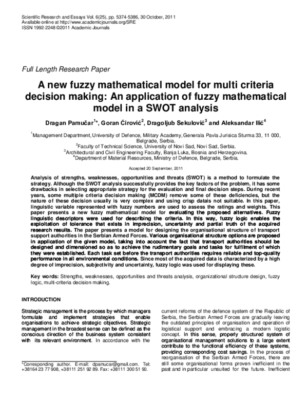(PDF) A new fuzzy mathematical model for multi criteria decision making ...