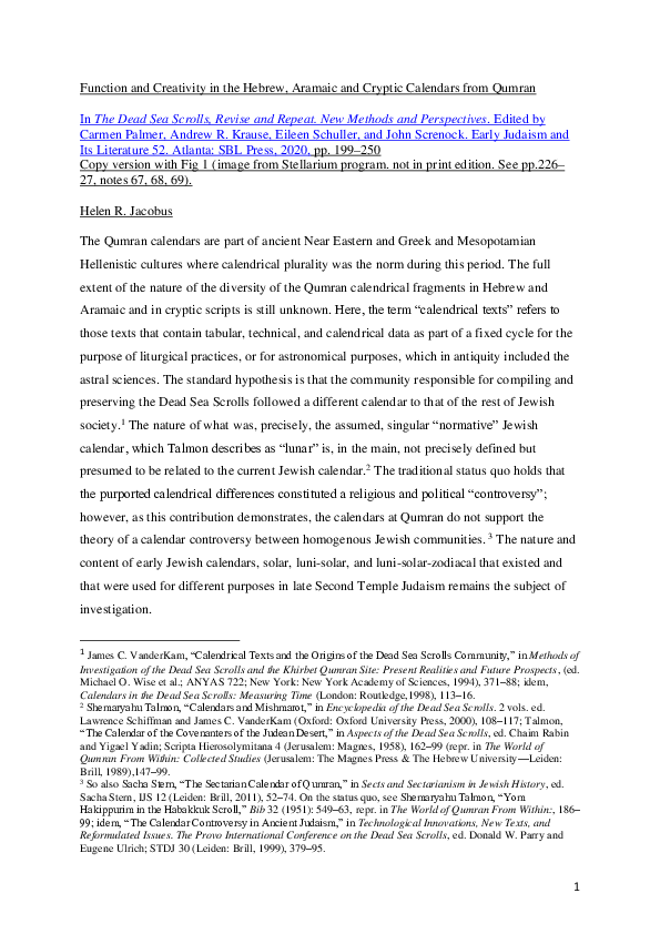 Pdf Function And Creativity In The Hebrew Aramaic And Cryptic Calendars From Qumran Helen R Jacobus Academia Edu