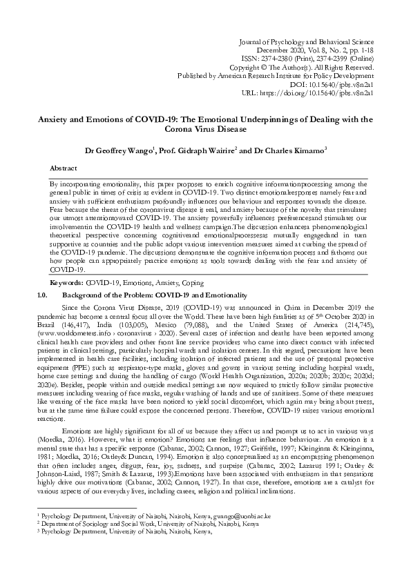 (PDF) Anxiety and Emotions of COVID-19: The Emotional Underpinnings of ...