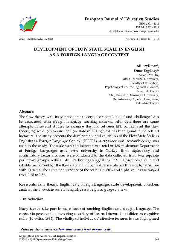 (PDF) Development of flow state scale in English as a foreign language ...