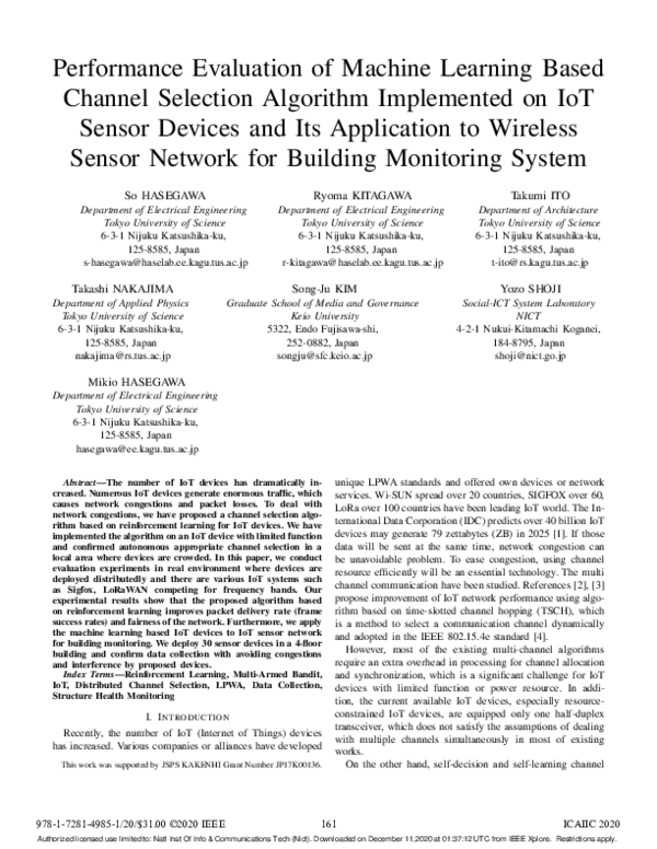 Pdf Performance Evaluation Of Machine Learning Based Channel Selection Algorithm Implemented On Iot Sensor Devices And Its Application To Wireless Sensor Network For Building Monitoring System Song Ju Kim And Mikio Hasegawa