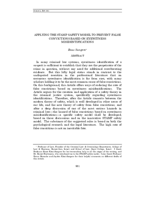 (PDF) APPLYING THE STAMP SAFETY MODEL TO PREVENT FALSE CONVICTIONS ...