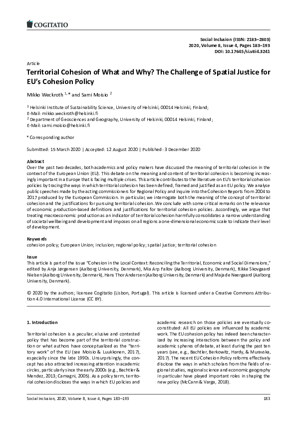 (PDF) Territorial Cohesion of What and Why? The Challenge of Spatial ...