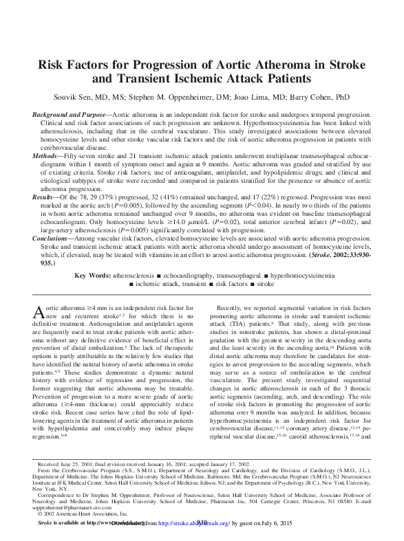 (PDF) Risk Factors for Progression of Aortic Atheroma in Stroke and ...