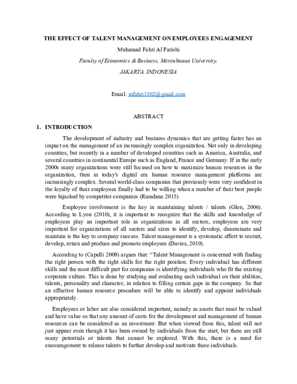 (DOC) THE EFFECT OF TALENT MANAGEMENT ON EMPLOYEES ENGAGEMENT | Muhamad ...