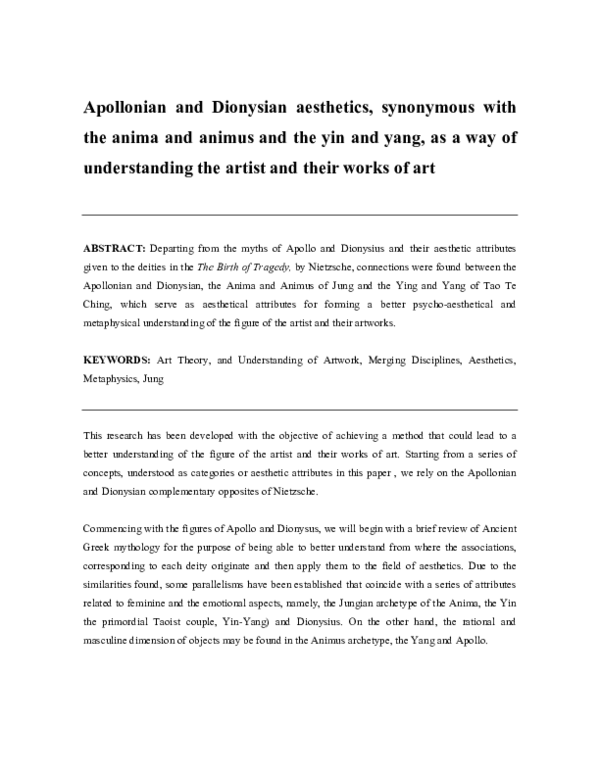 (PDF) Apollonian and Dionysian aesthetics, synonymous with the anima