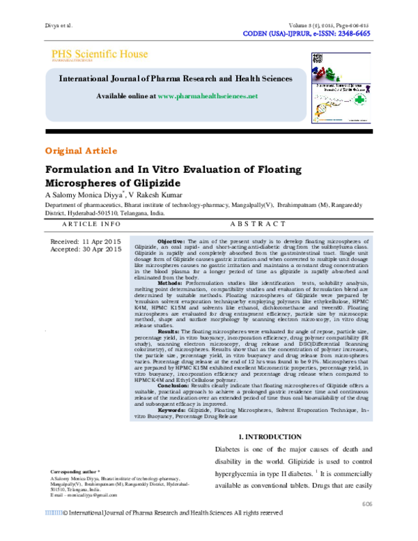 (PDF) Formulation and In Vitro Evaluation of Floating Microspheres of Glipizide International