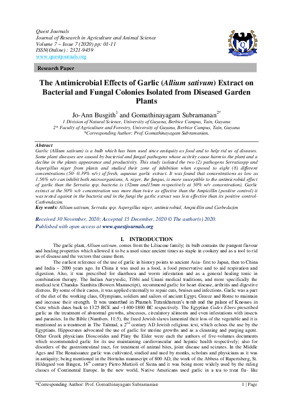 (PDF) The Antimicrobial Effects of Garlic (Allium sativum) Extract on Bacterial and Fungal