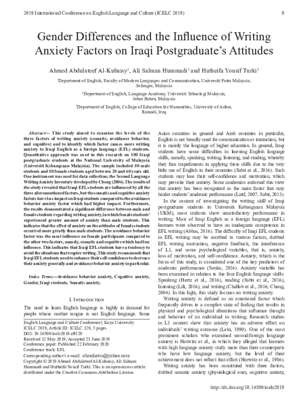 (PDF) Gender Differences and the Influence of Writing Anxiety Factors ...